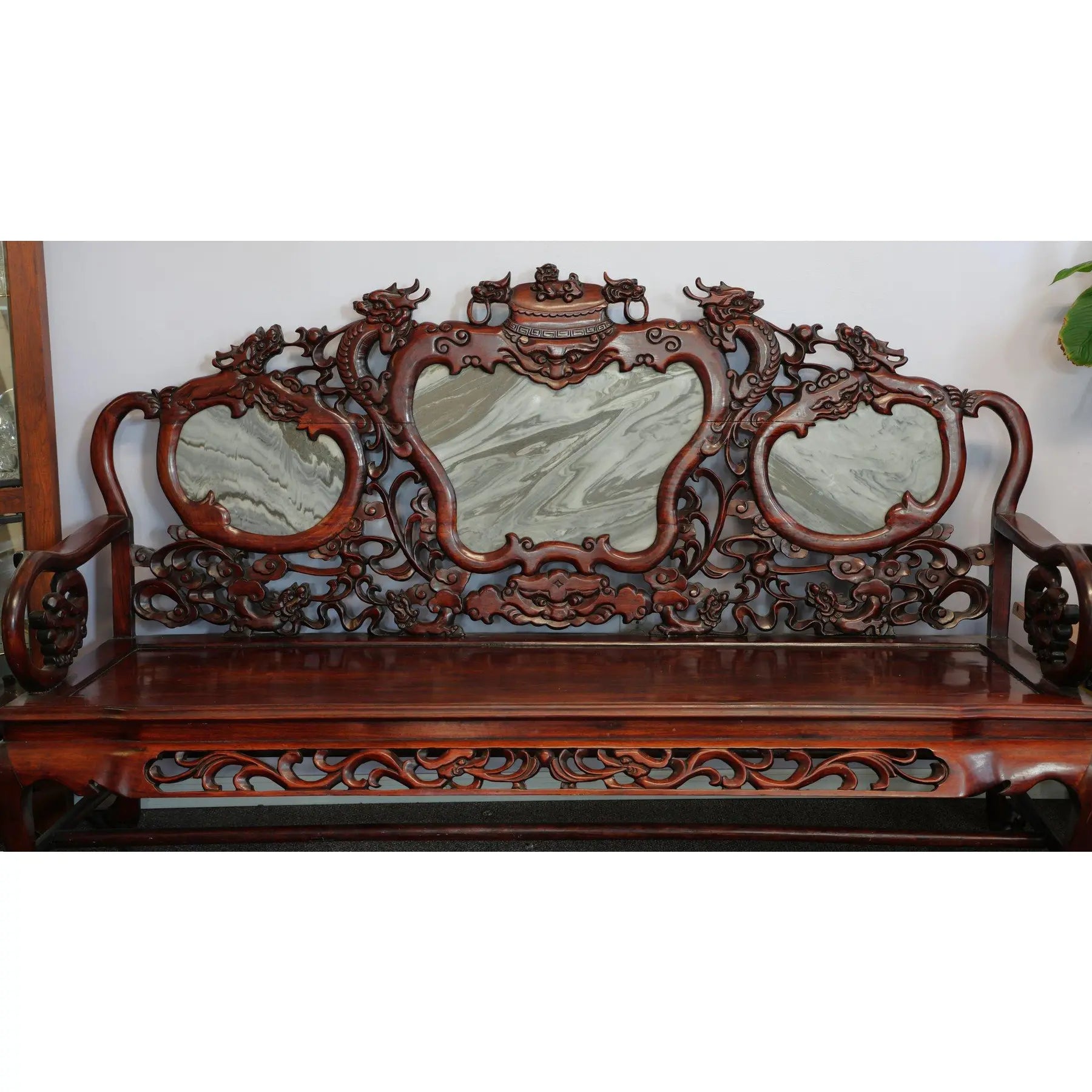 Magnificent Mid Century 66” Chinese Hand-Carved Rosewood (Hongmu) and Dali Dreamstone Marble Settee