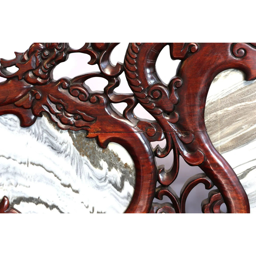 Magnificent Mid Century 66” Chinese Hand-Carved Rosewood (Hongmu) and Dali Dreamstone Marble Settee