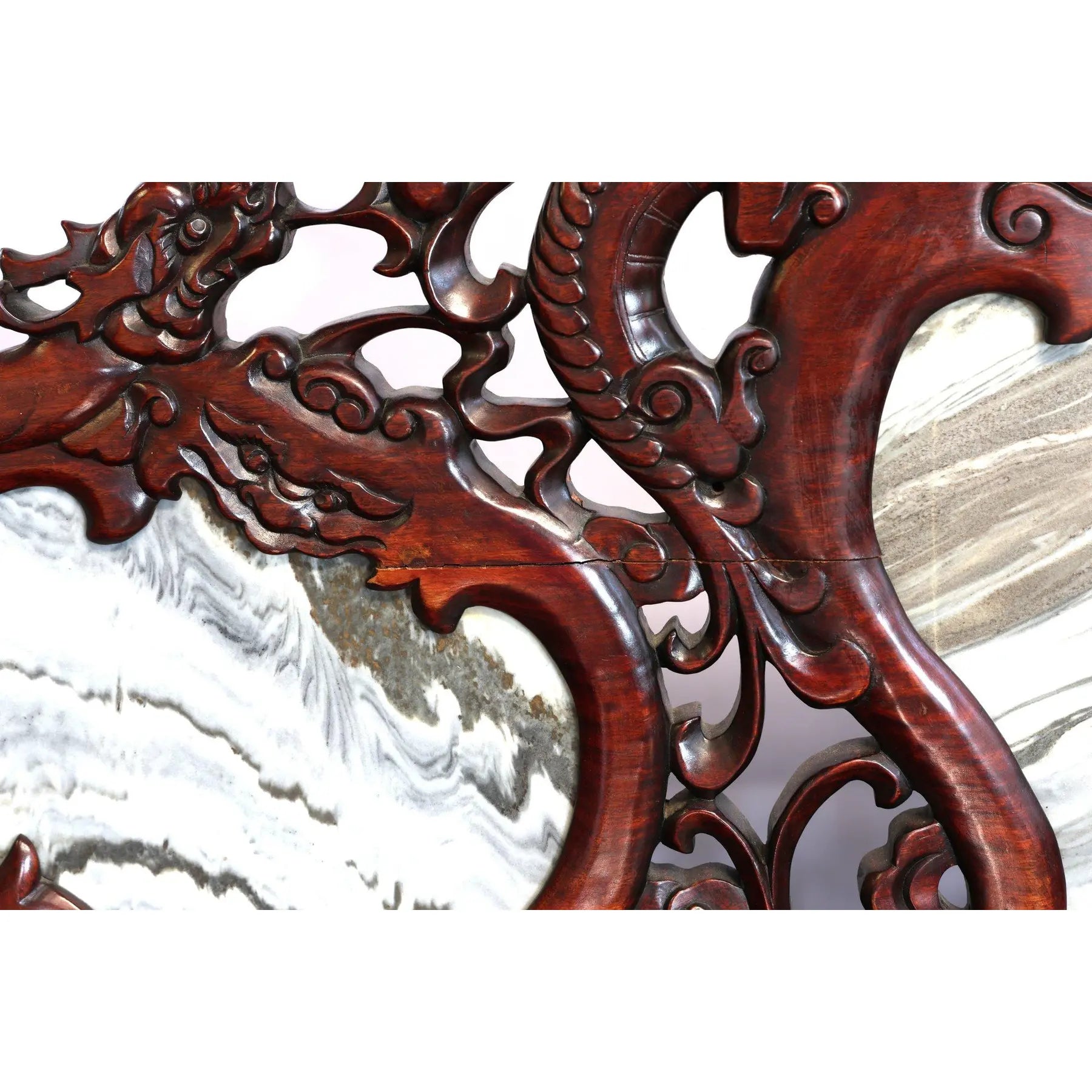 Magnificent Mid Century 66” Chinese Hand-Carved Rosewood (Hongmu) and Dali Dreamstone Marble Settee