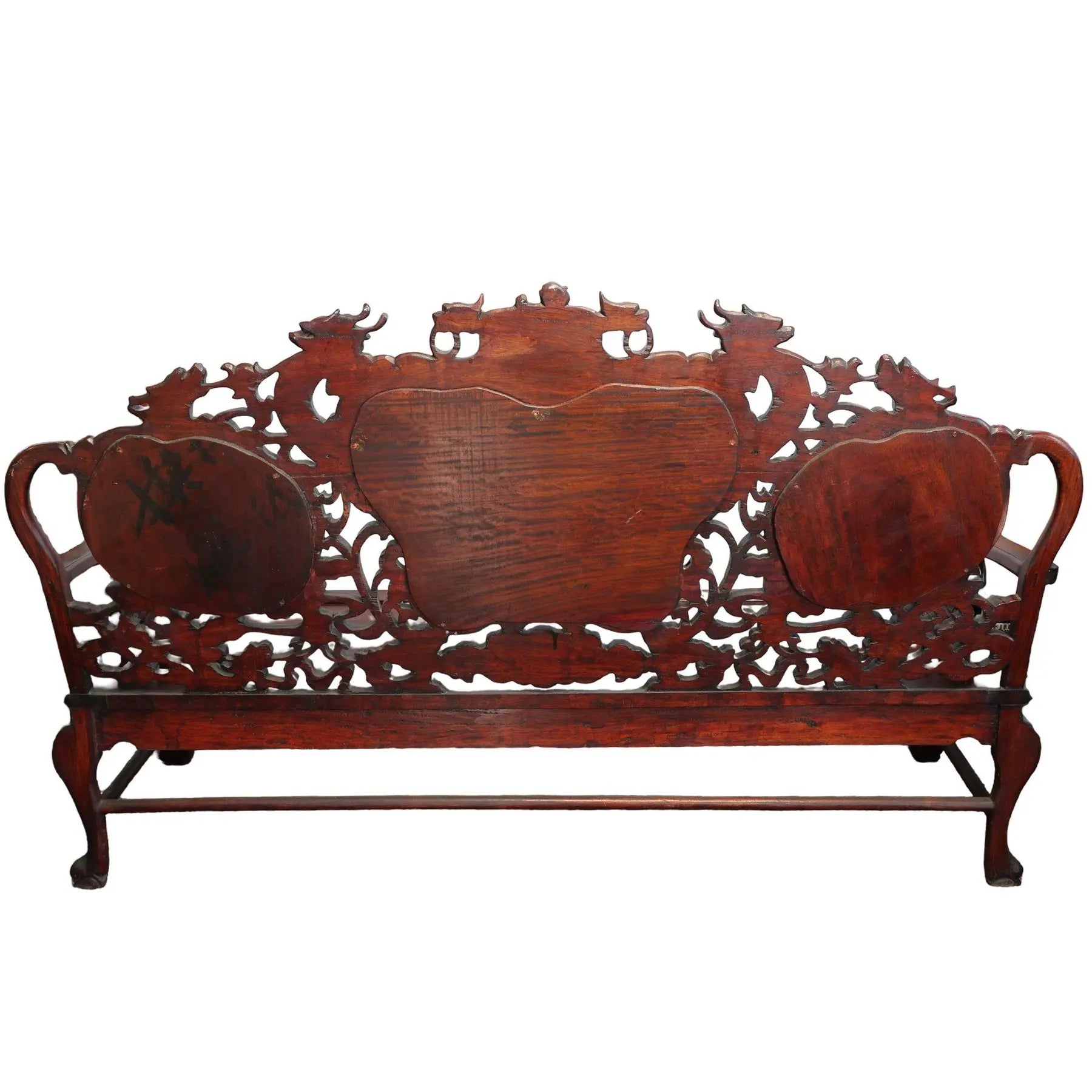 Magnificent Mid Century 66” Chinese Hand-Carved Rosewood (Hongmu) and Dali Dreamstone Marble Settee