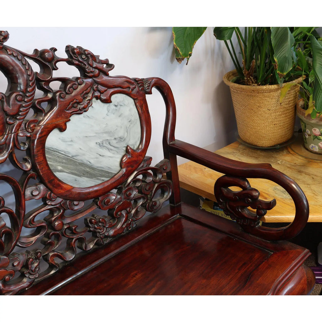 Magnificent Mid Century 66” Chinese Hand-Carved Rosewood (Hongmu) and Dali Dreamstone Marble Settee