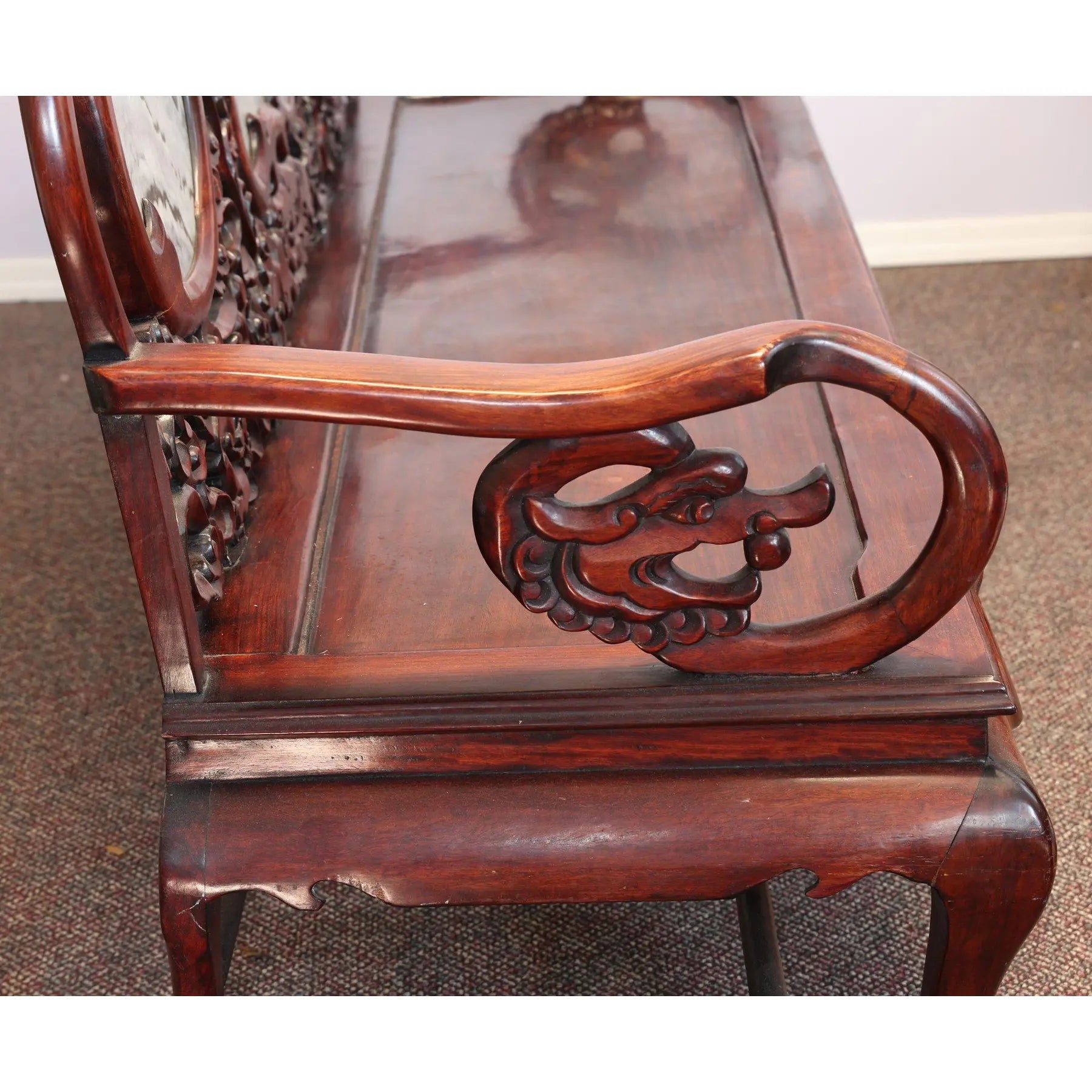 Magnificent Mid Century 66” Chinese Hand-Carved Rosewood (Hongmu) and Dali Dreamstone Marble Settee