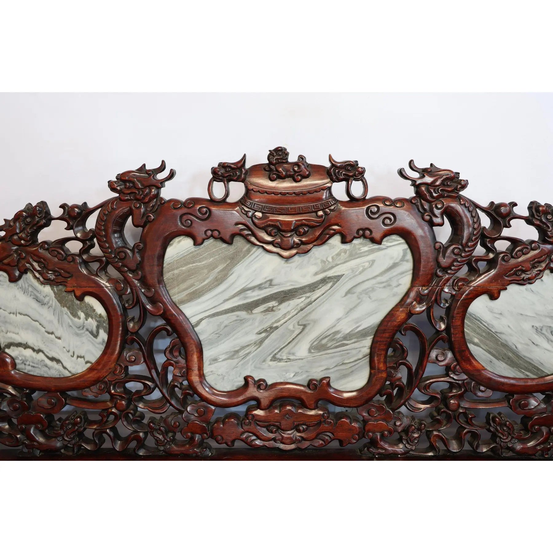 Magnificent Mid Century 66” Chinese Hand-Carved Rosewood (Hongmu) and Dali Dreamstone Marble Settee