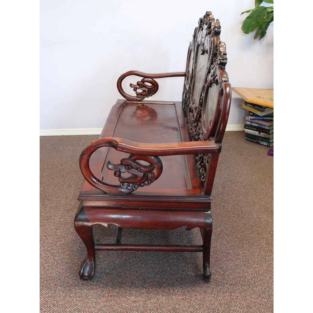 Magnificent Mid Century 66” Chinese Hand-Carved Rosewood (Hongmu) and Dali Dreamstone Marble Settee