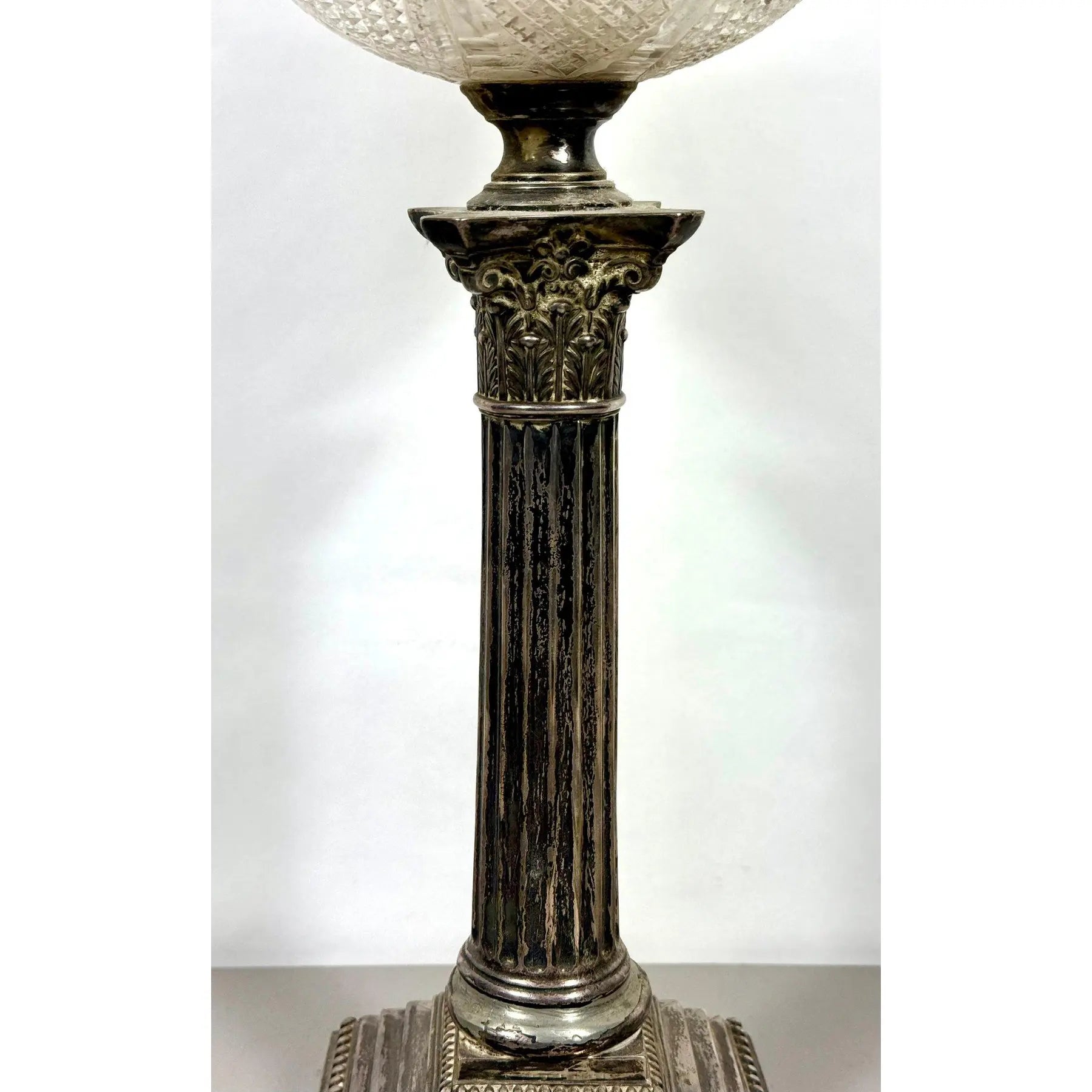 Stunning 29” 1875 Sheffield Sterling Silver And Cut Glass Corinthian Banquet Lamp