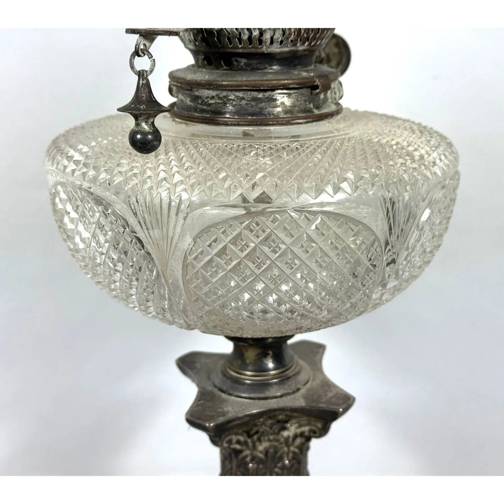 Stunning 29” 1875 Sheffield Sterling Silver And Cut Glass Corinthian Banquet Lamp