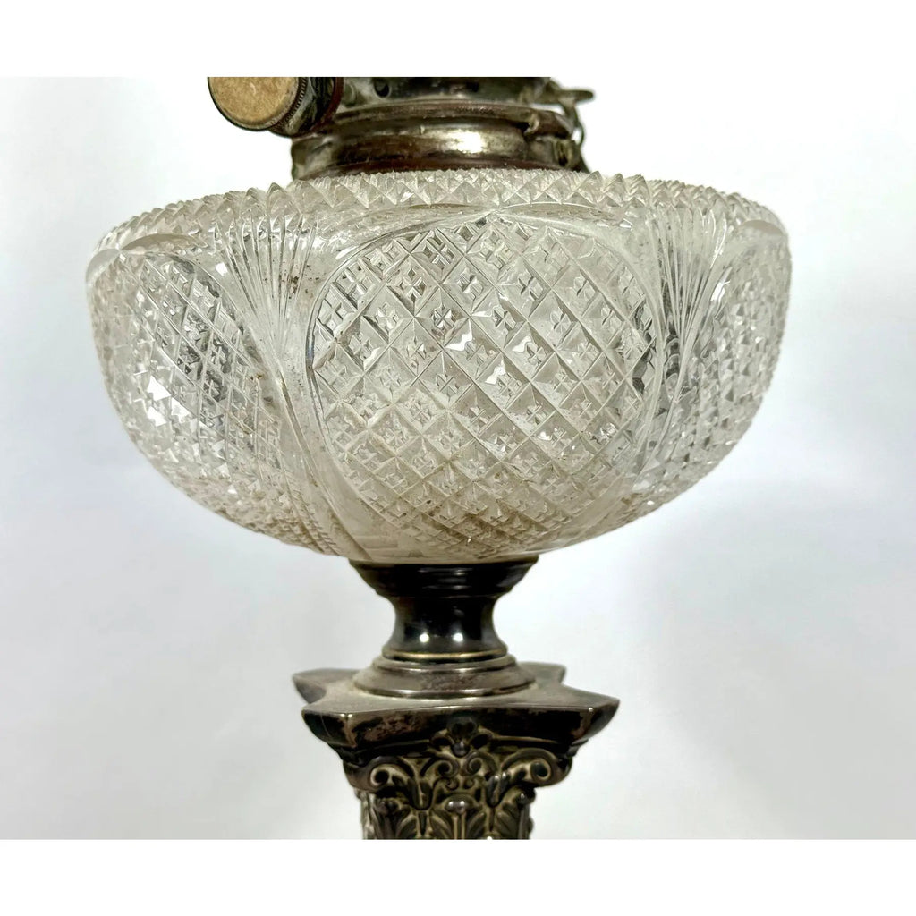 Stunning 29” 1875 Sheffield Sterling Silver And Cut Glass Corinthian Banquet Lamp
