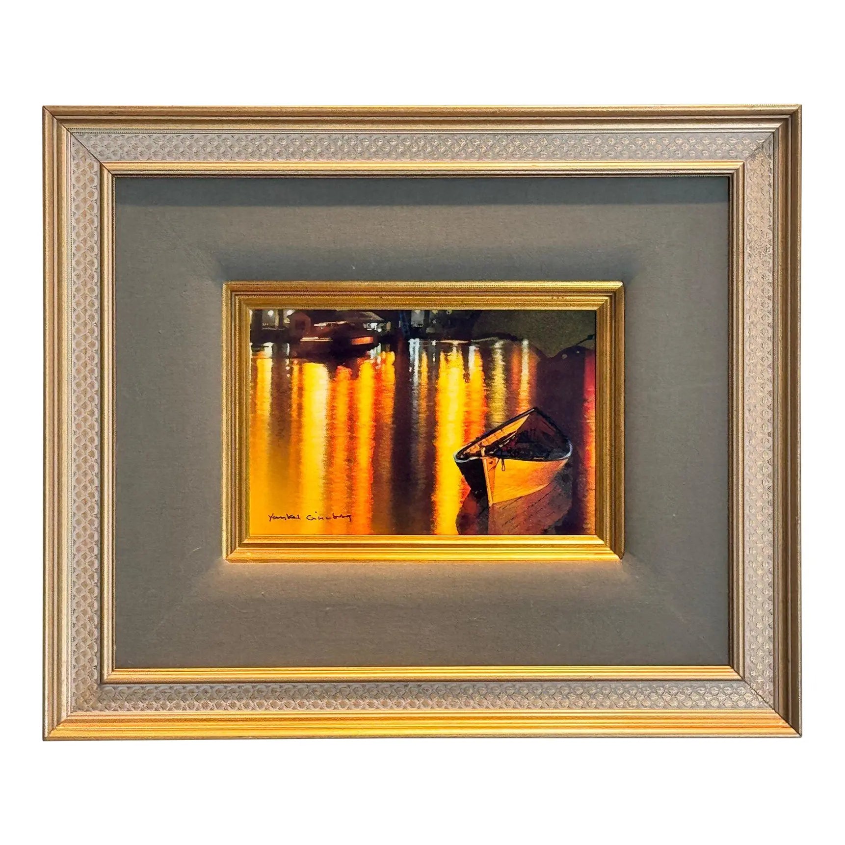 Yankel Ginzburg Original Signed Mixed Media Painting - Study for Shore Lights - Luminous Nautical Harbor Scene
