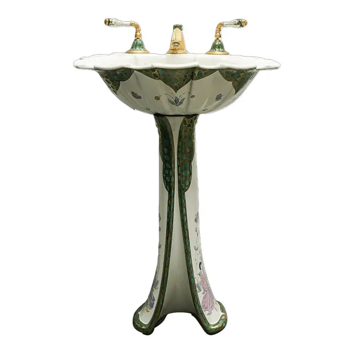 Sherle Wagner Chinoiserie Hand Painted Pedestal Sink and Complete 24k Gold Hardware Suite