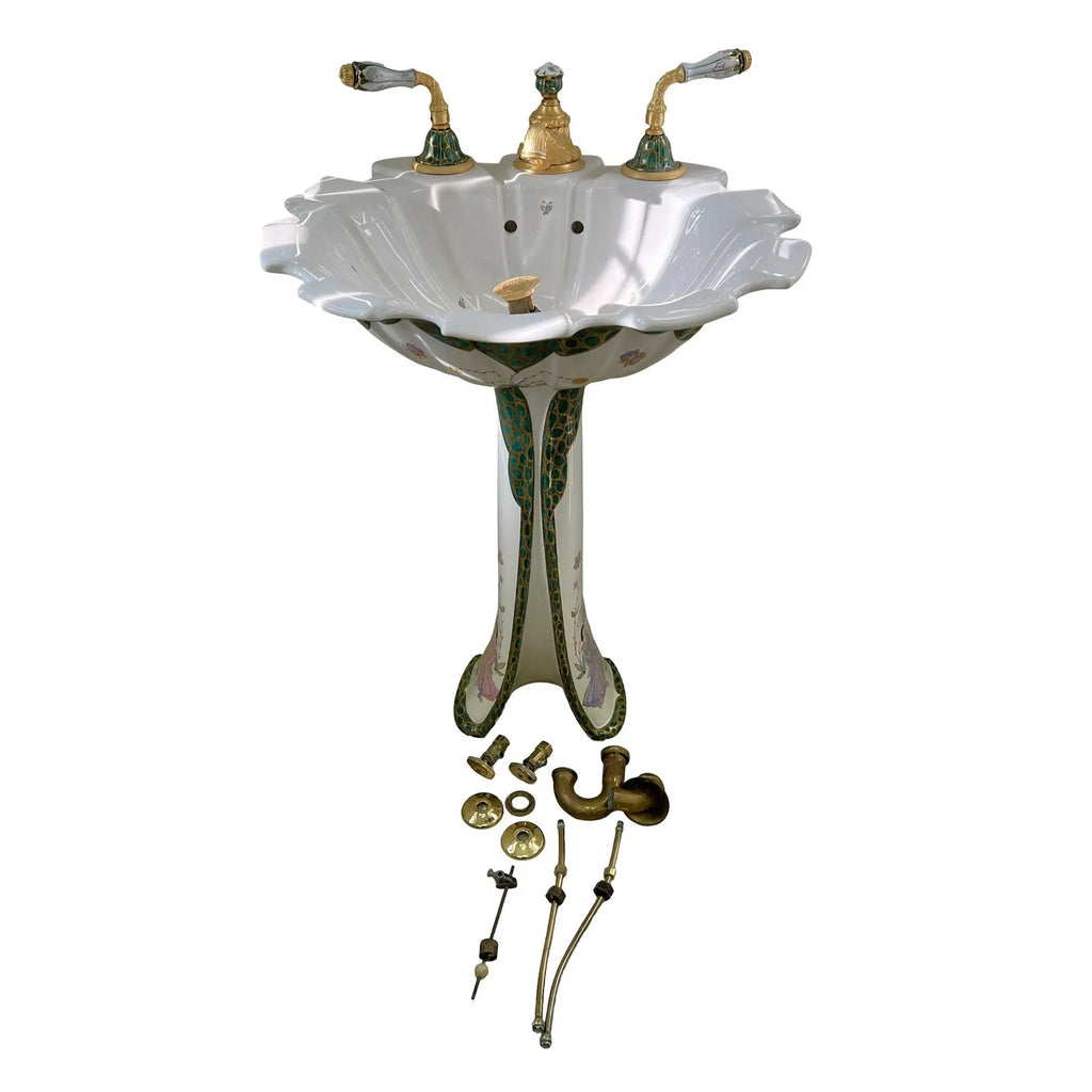 Sherle Wagner Chinoiserie Hand Painted Pedestal Sink and Complete 24k Gold Hardware Suite