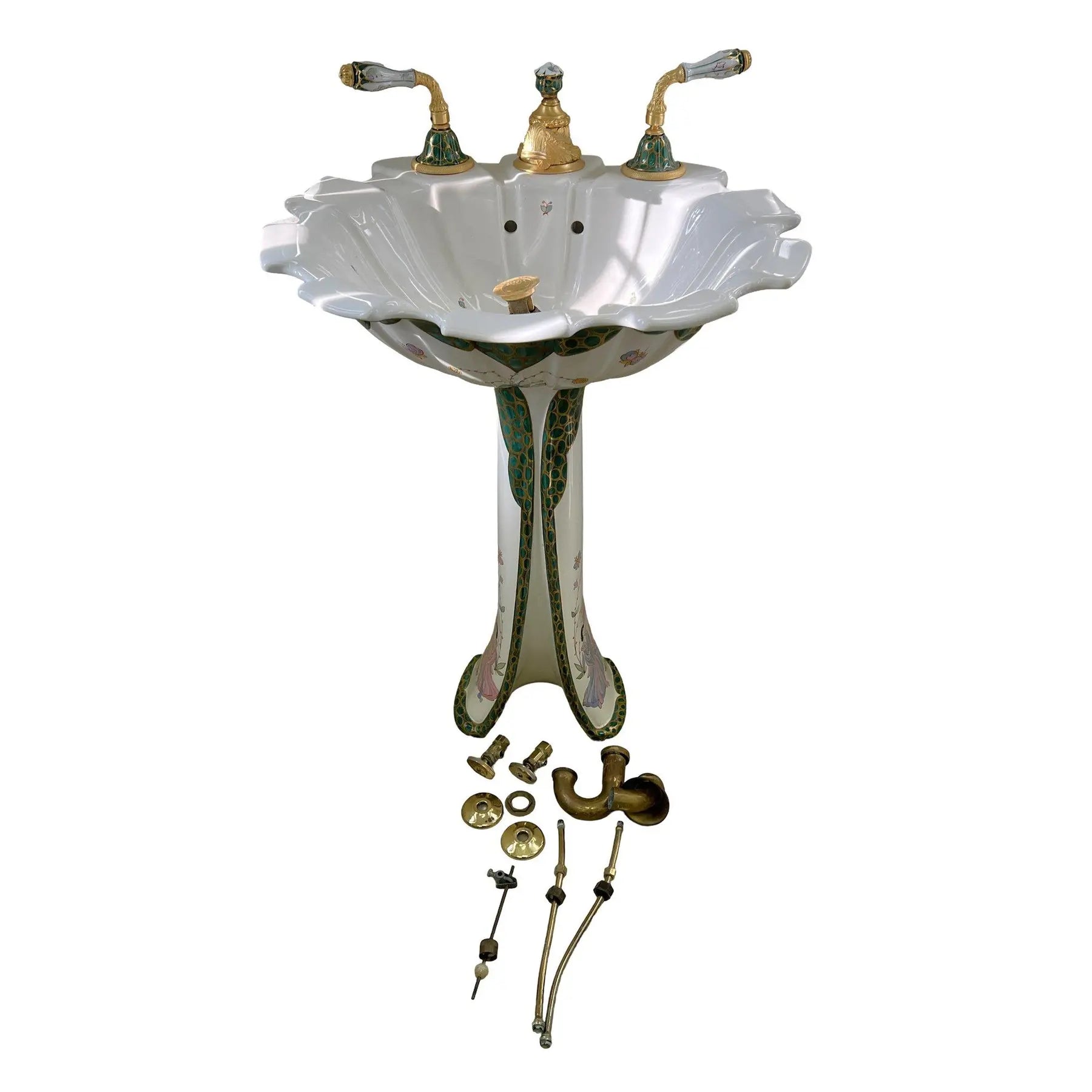 Sherle Wagner Chinoiserie Hand Painted Pedestal Sink and Complete 24k Gold Hardware Suite