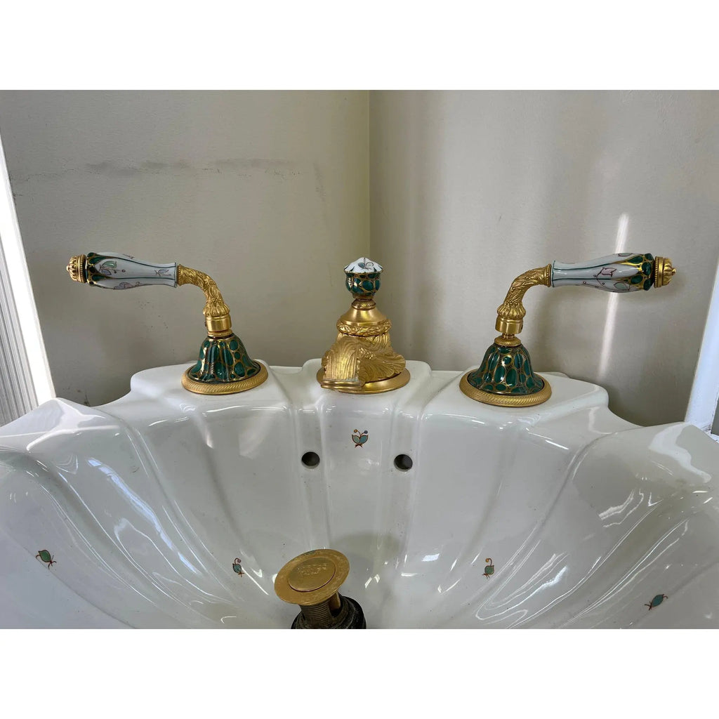 Sherle Wagner Chinoiserie Hand Painted Pedestal Sink and Complete 24k Gold Hardware Suite