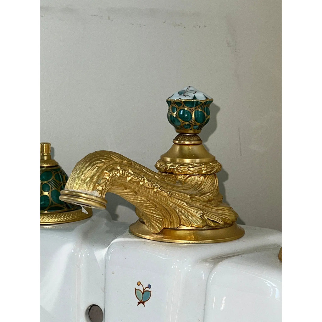 Sherle Wagner Chinoiserie Hand Painted Pedestal Sink and Complete 24k Gold Hardware Suite