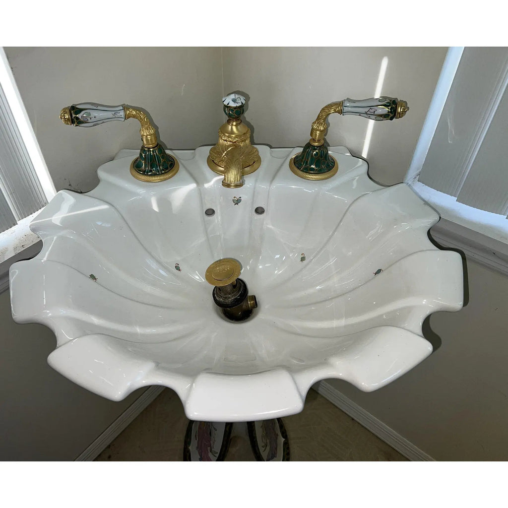 Sherle Wagner Chinoiserie Hand Painted Pedestal Sink and Complete 24k Gold Hardware Suite