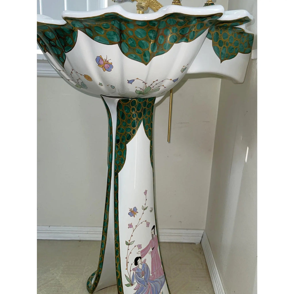 Sherle Wagner Chinoiserie Hand Painted Pedestal Sink and Complete 24k Gold Hardware Suite
