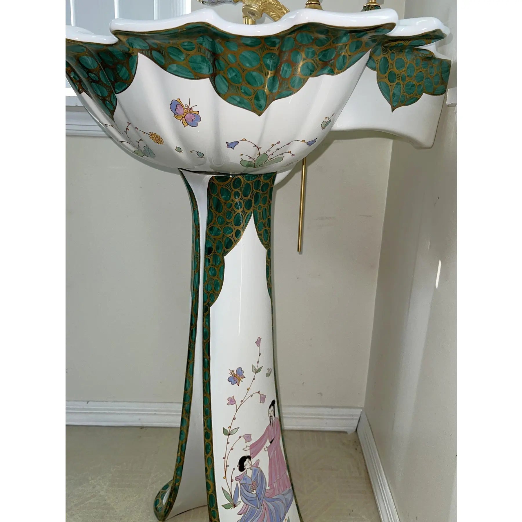 Sherle Wagner Chinoiserie Hand Painted Pedestal Sink and Complete 24k Gold Hardware Suite
