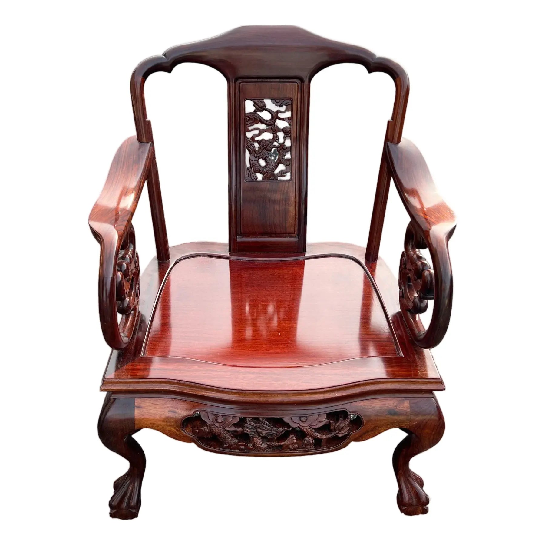 Exquisite Pair of 20th C. Chinese Hand-Carved Rosewood “Imperial Dragon” Armchairs Hongmu Mid Century