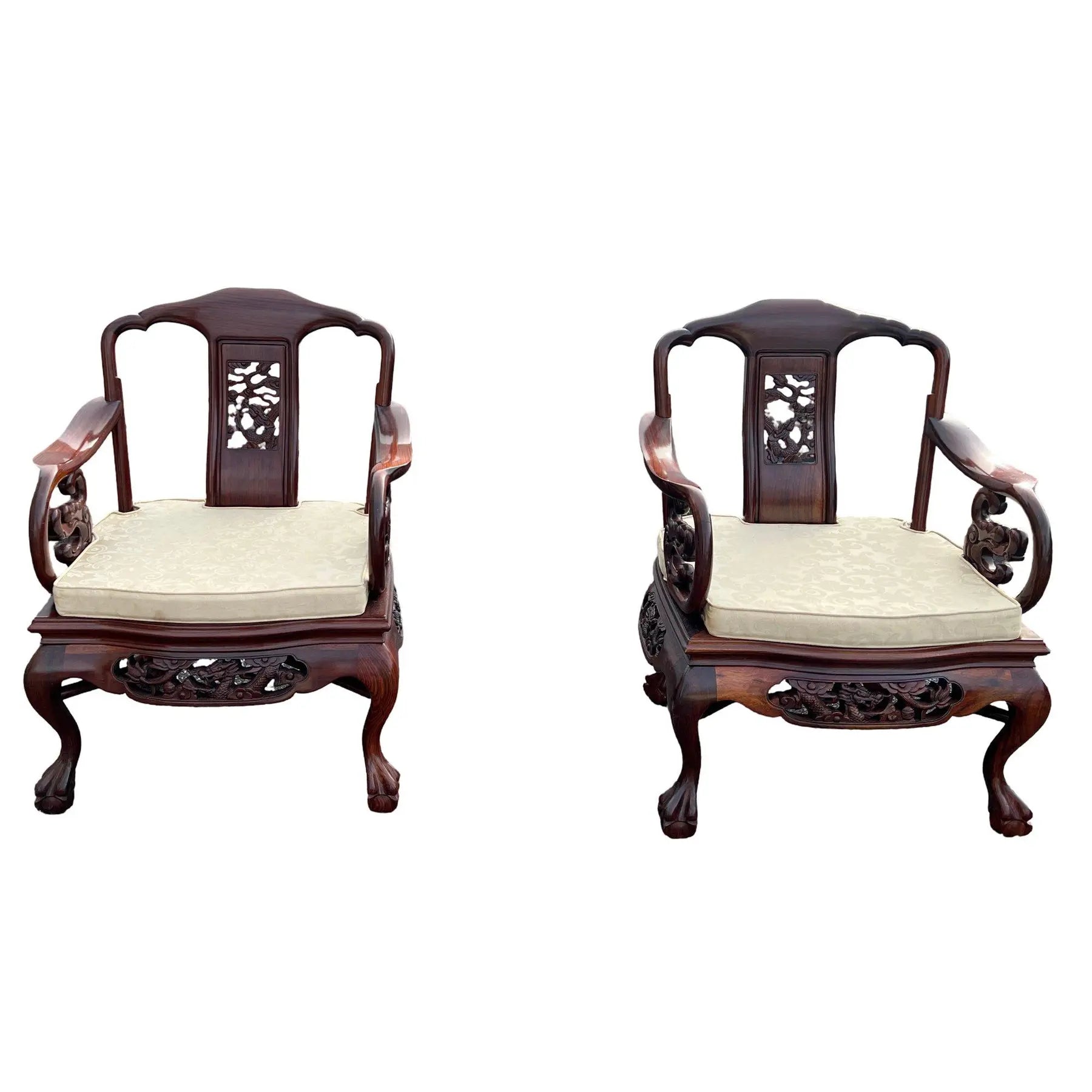 Exquisite Pair of 20th C. Chinese Hand-Carved Rosewood “Imperial Dragon” Armchairs Hongmu Mid Century