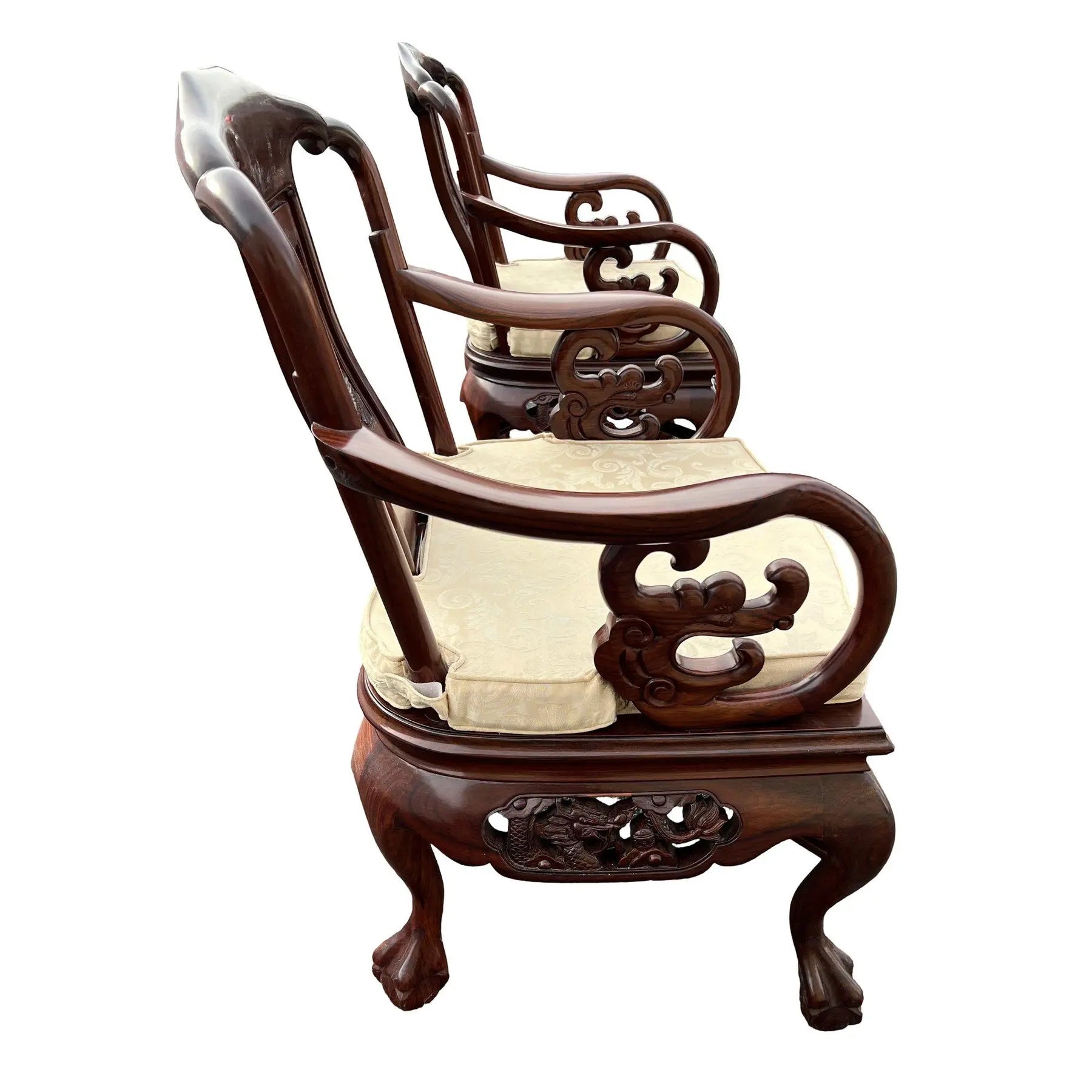 Exquisite Pair of 20th C. Chinese Hand-Carved Rosewood “Imperial Dragon” Armchairs Hongmu Mid Century