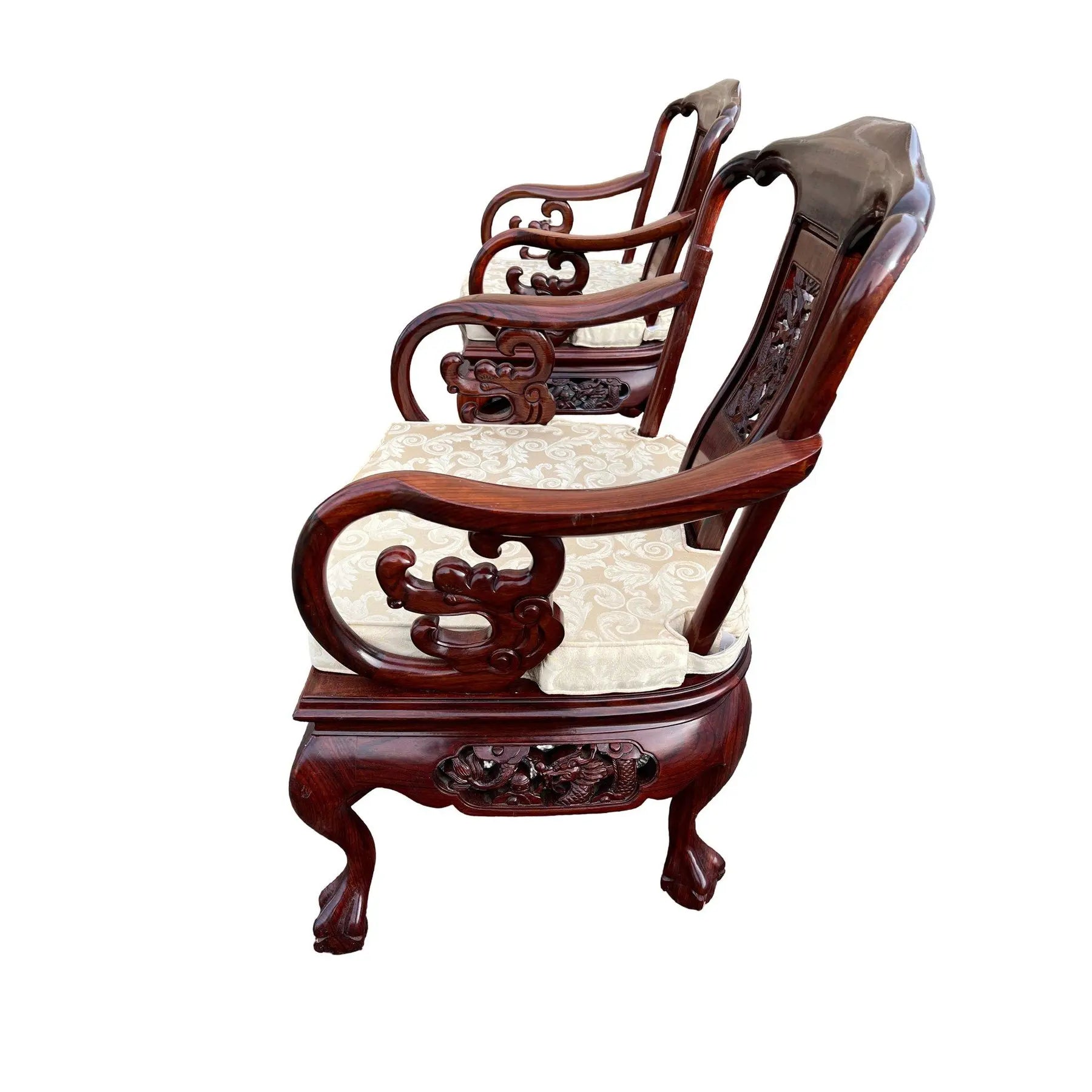 Exquisite Pair of 20th C. Chinese Hand-Carved Rosewood “Imperial Dragon” Armchairs Hongmu Mid Century