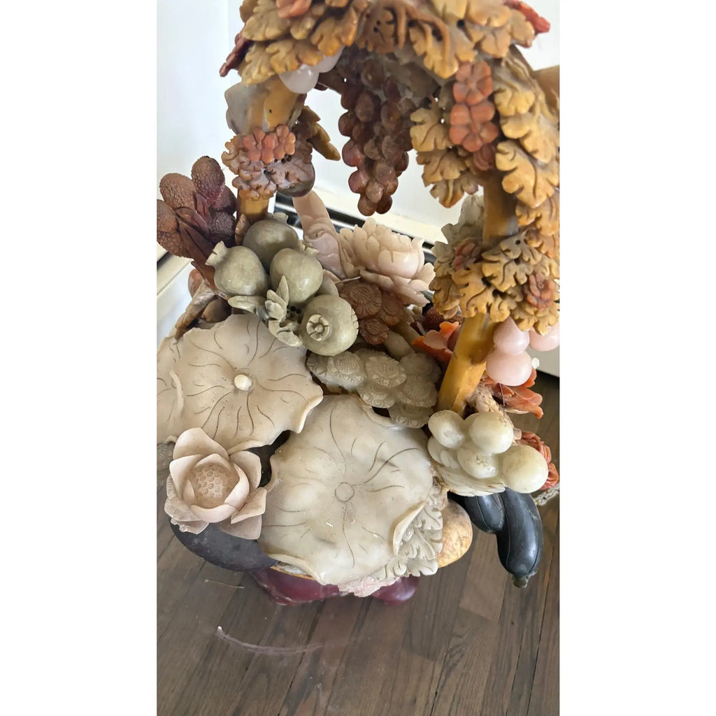 Monumental 31-Inch Chinese Hand-Carved Soapstone Basket Of Abundance Sculpture
