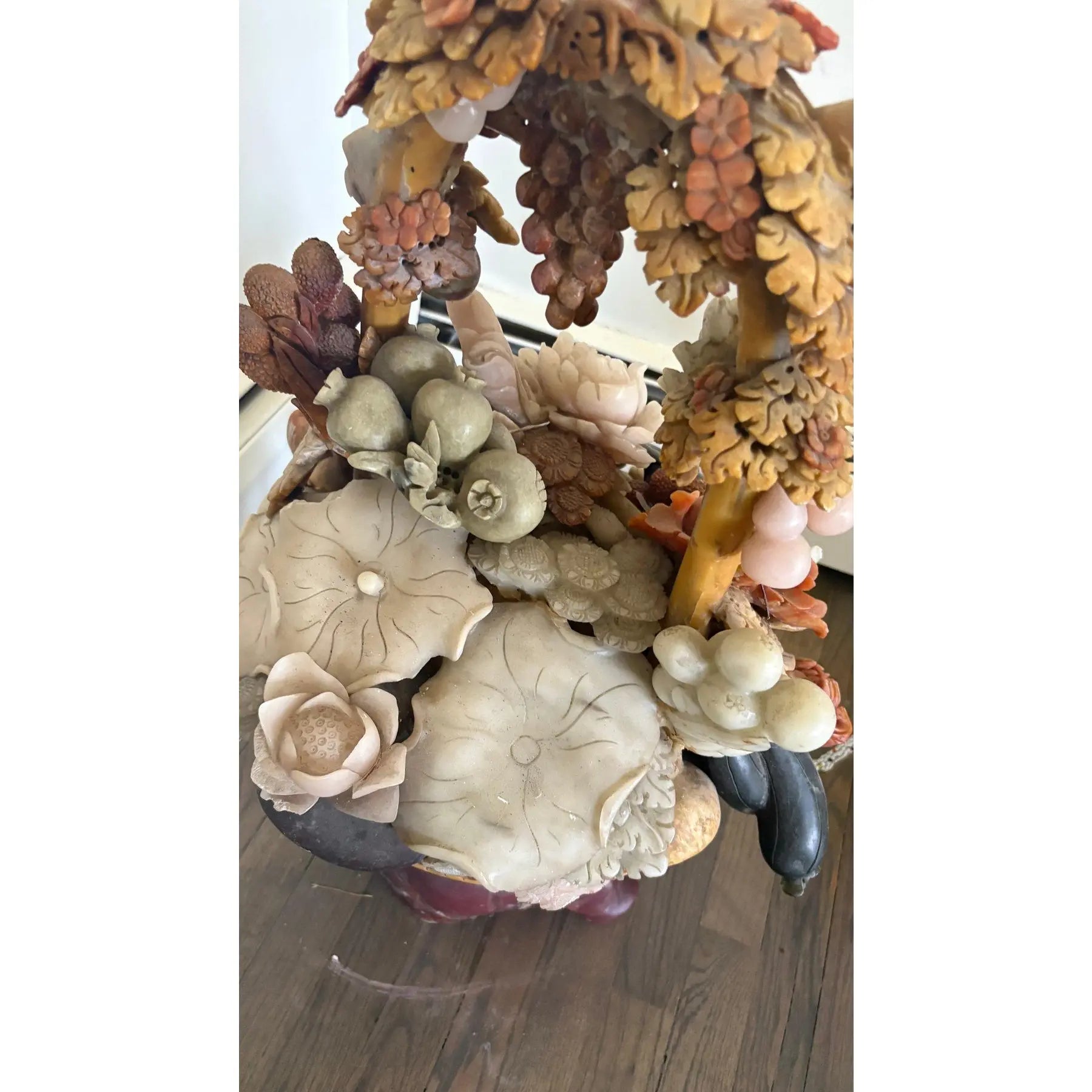 Monumental 31-Inch Chinese Hand-Carved Soapstone Basket Of Abundance Sculpture