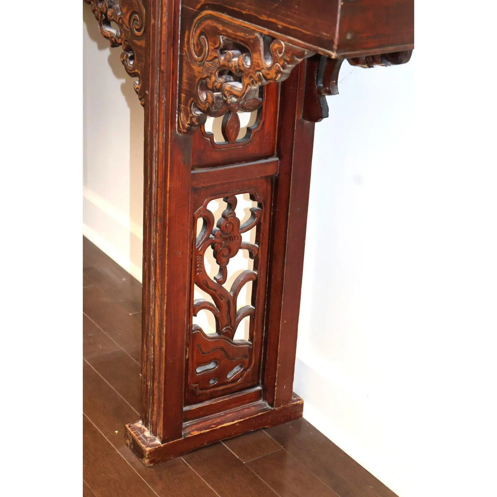67” 19th Century Antique Chinese Qing Dynasty Dragon Altar Table Solid Elmwood Long Console