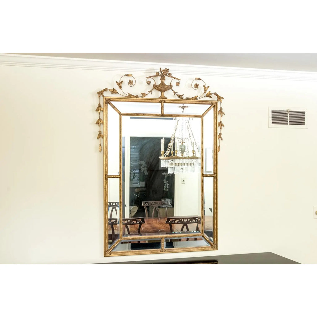 Stunning 58” Friedman Brothers Louis XVI Giltwood Wall Mirror With Urn And Floral Crest