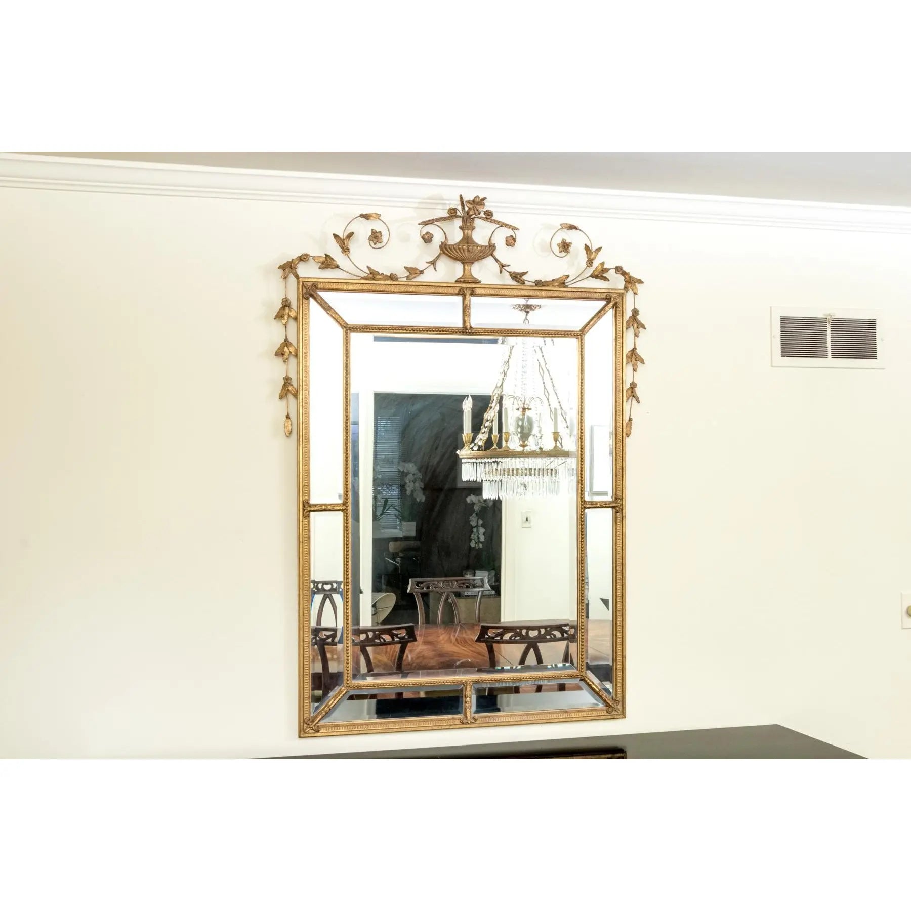 Stunning 58” Friedman Brothers Louis XVI Giltwood Wall Mirror With Urn And Floral Crest