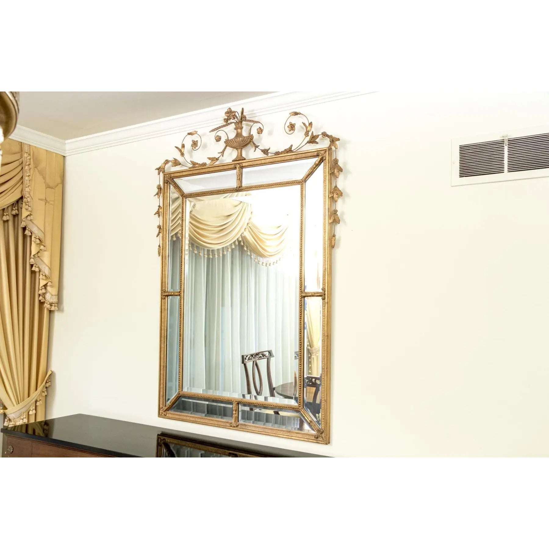 Stunning 58” Friedman Brothers Louis XVI Giltwood Wall Mirror With Urn And Floral Crest