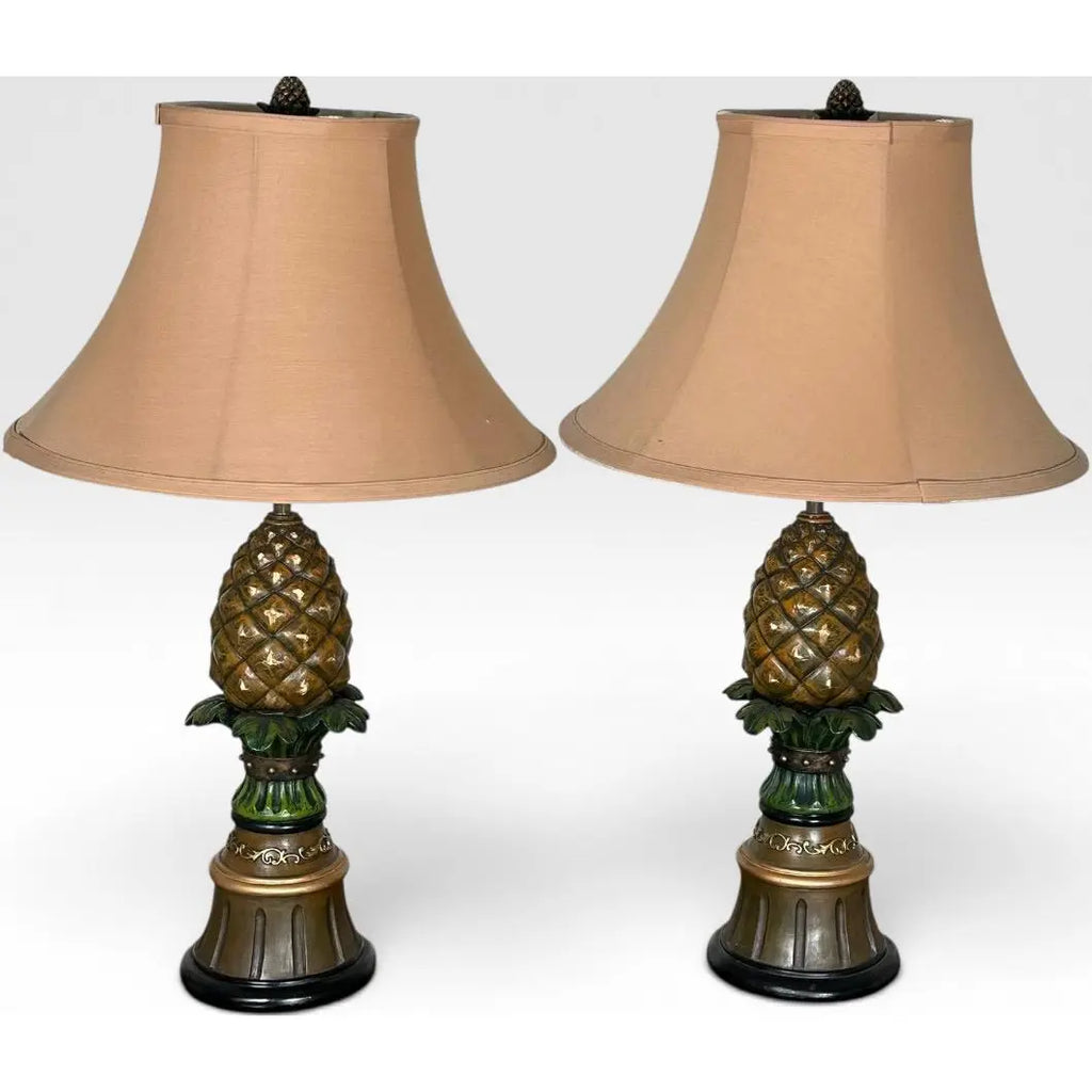 Vintage Hollywood Regency Painted Composition Pineapple Lamps - A Pair