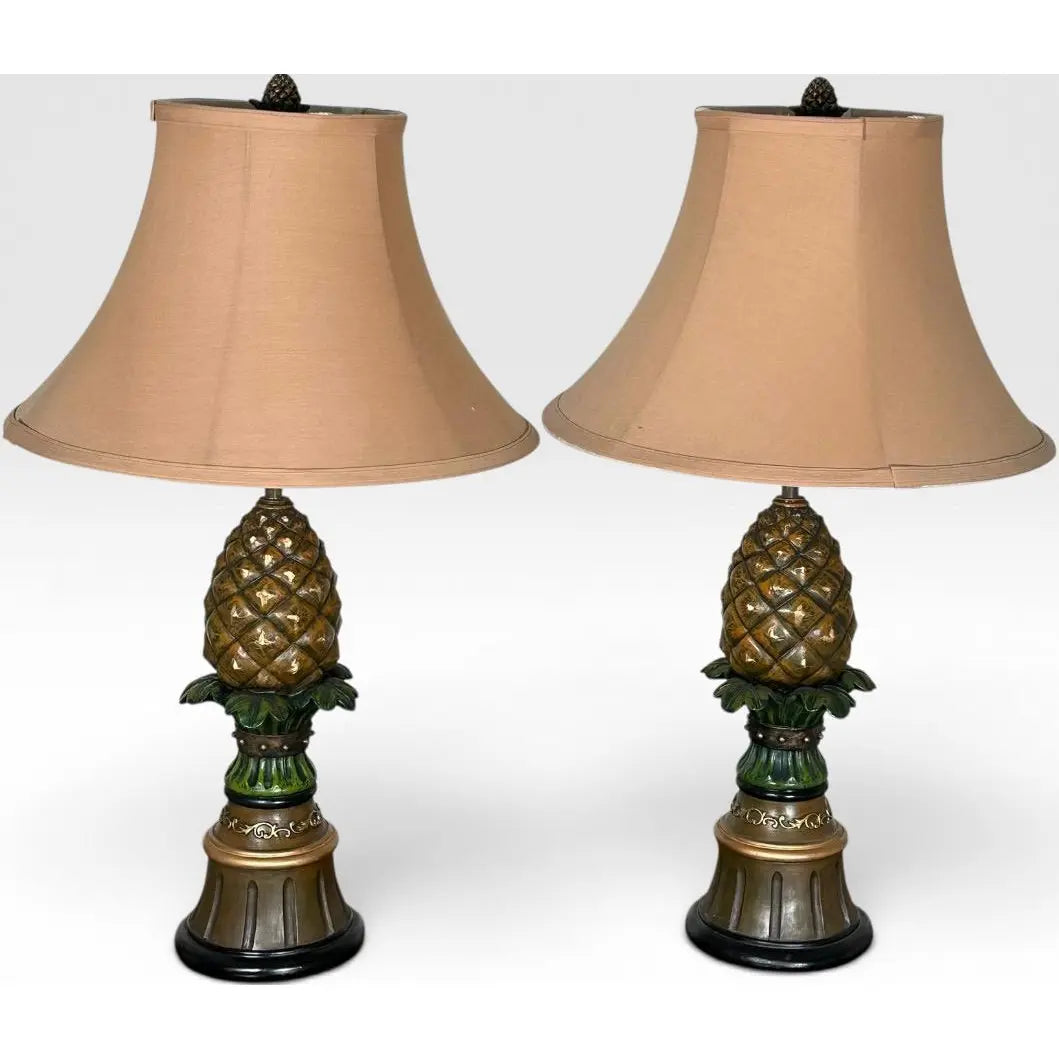 Vintage Hollywood Regency Painted Composition Pineapple Lamps - A Pair