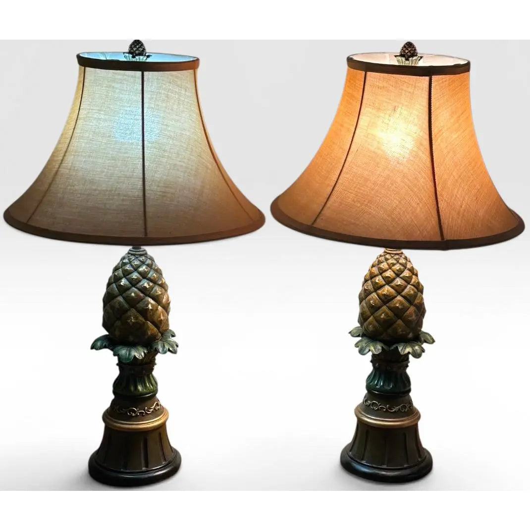 Vintage Hollywood Regency Painted Composition Pineapple Lamps - A Pair