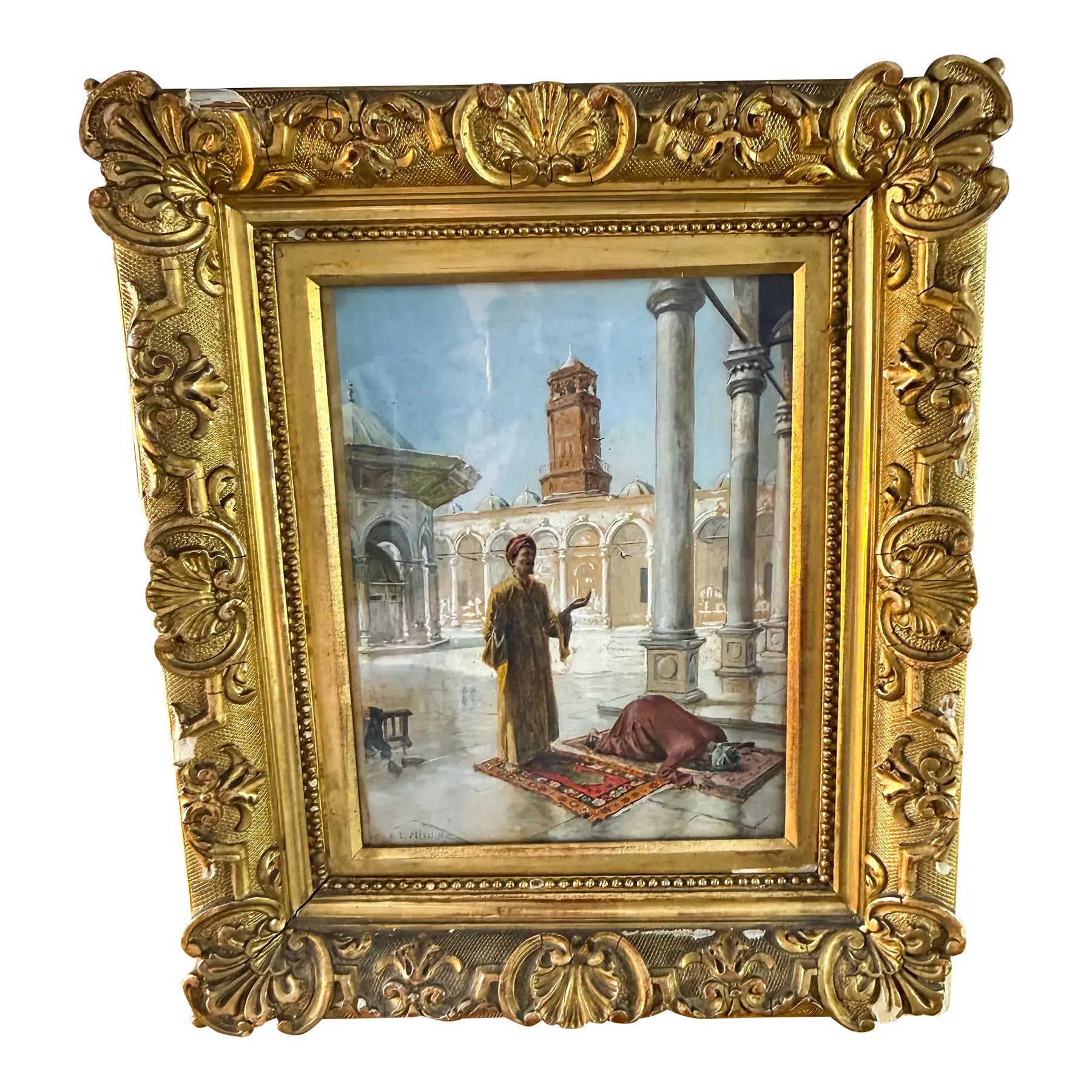 Antique 19th Century Orientalist Gouache Painting - Prayer at the Alabaster Mosque, Cairo - Signed Alphons Mielich