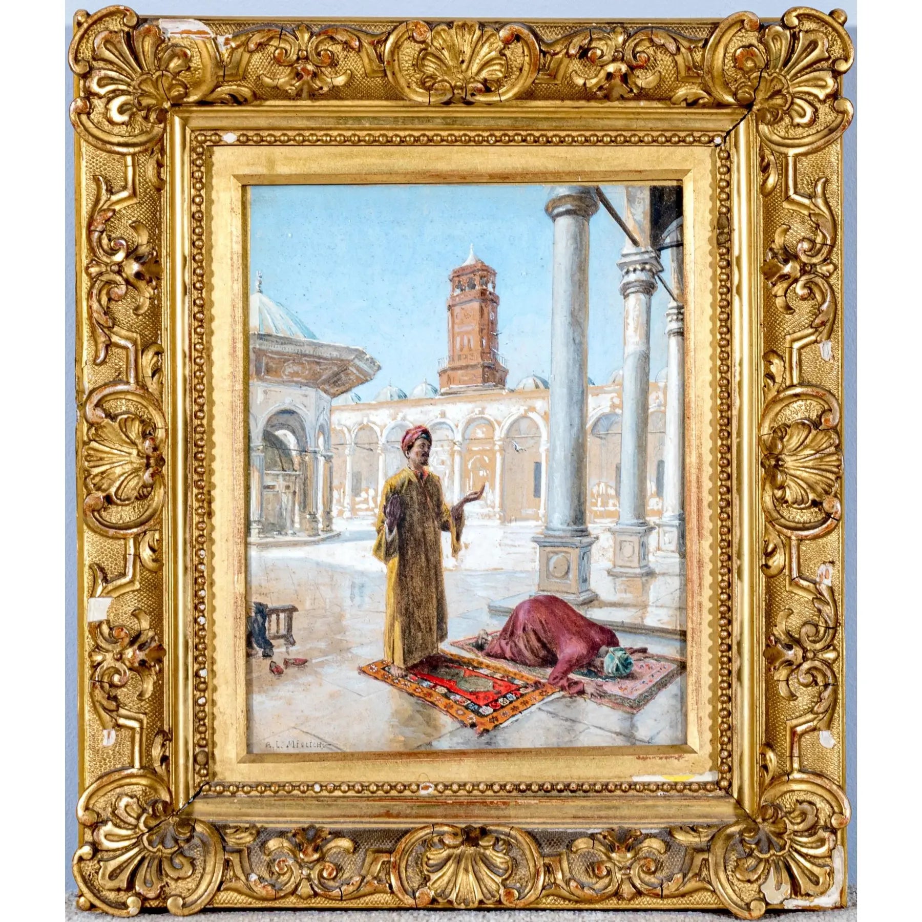 Antique 19th Century Orientalist Gouache Painting - Prayer at the Alabaster Mosque, Cairo - Signed Alphons Mielich
