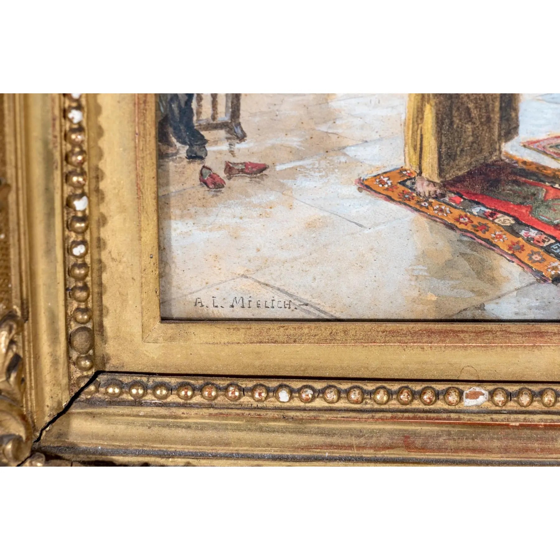 Antique 19th Century Orientalist Gouache Painting - Prayer at the Alabaster Mosque, Cairo - Signed Alphons Mielich