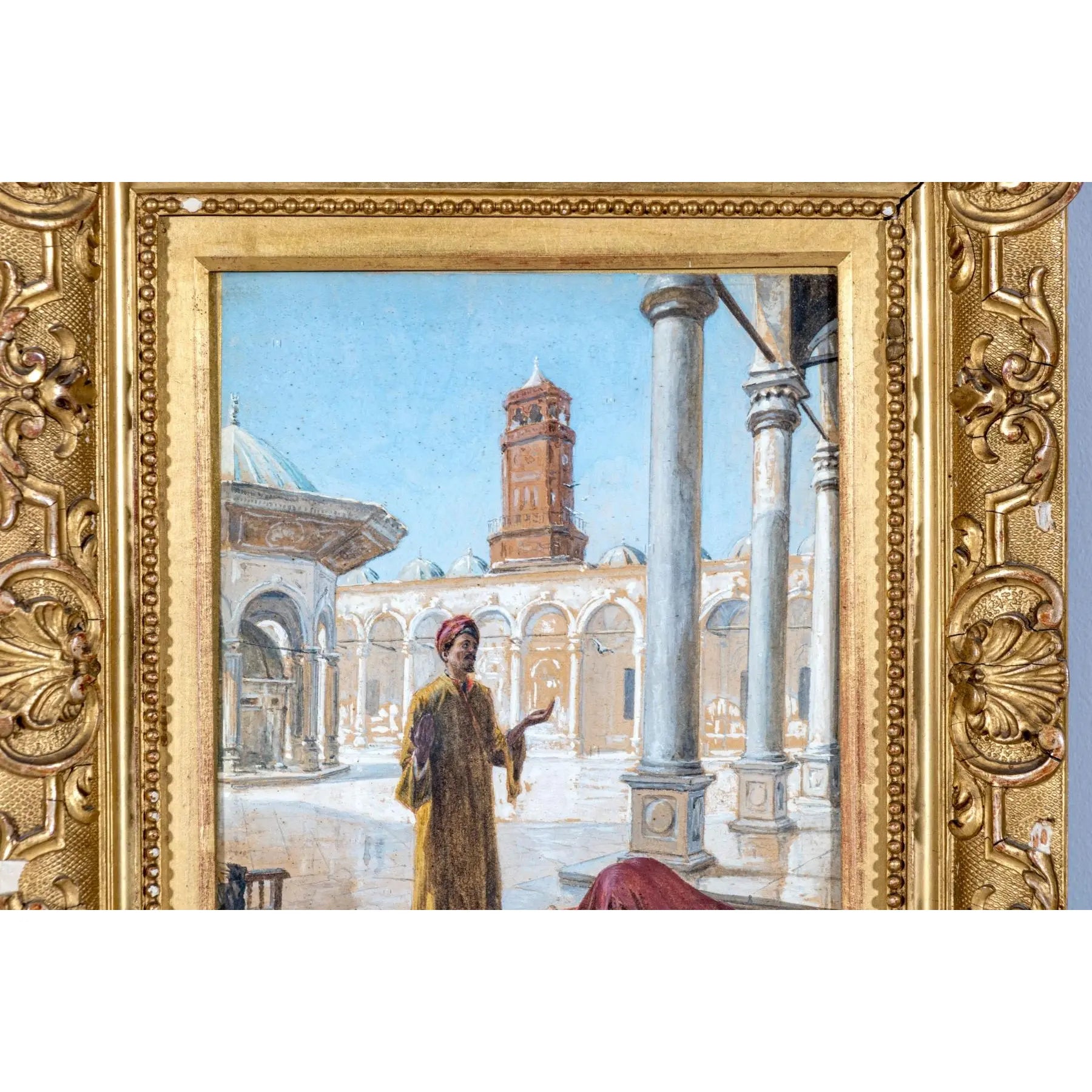 Antique 19th Century Orientalist Gouache Painting - Prayer at the Alabaster Mosque, Cairo - Signed Alphons Mielich