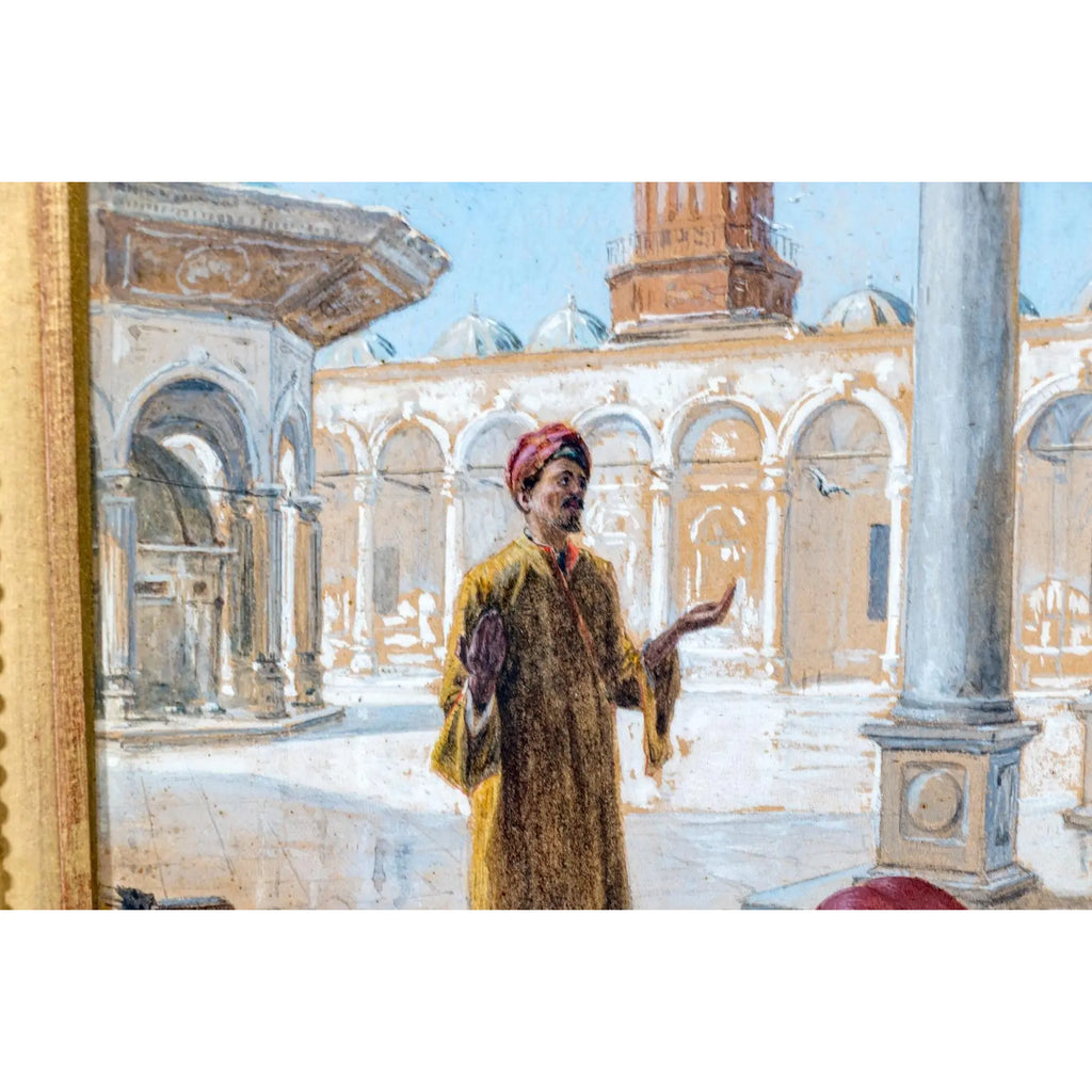 Antique 19th Century Orientalist Gouache Painting - Prayer at the Alabaster Mosque, Cairo - Signed Alphons Mielich