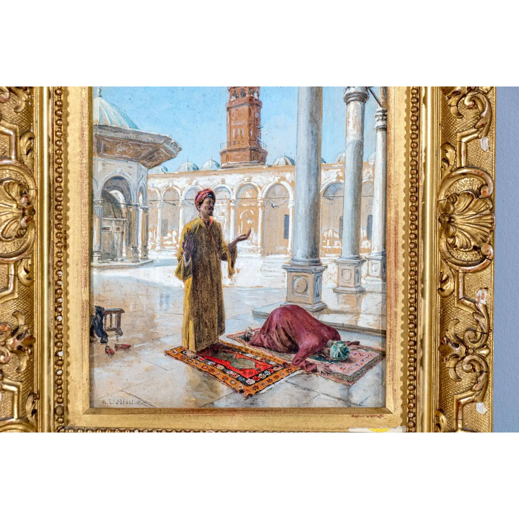 Antique 19th Century Orientalist Gouache Painting - Prayer at the Alabaster Mosque, Cairo - Signed Alphons Mielich
