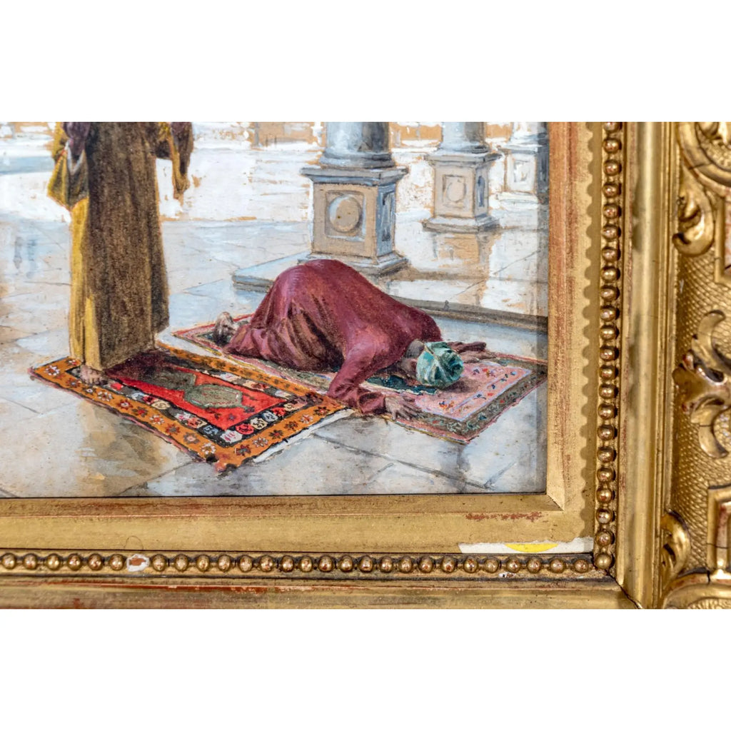 Antique 19th Century Orientalist Gouache Painting - Prayer at the Alabaster Mosque, Cairo - Signed Alphons Mielich