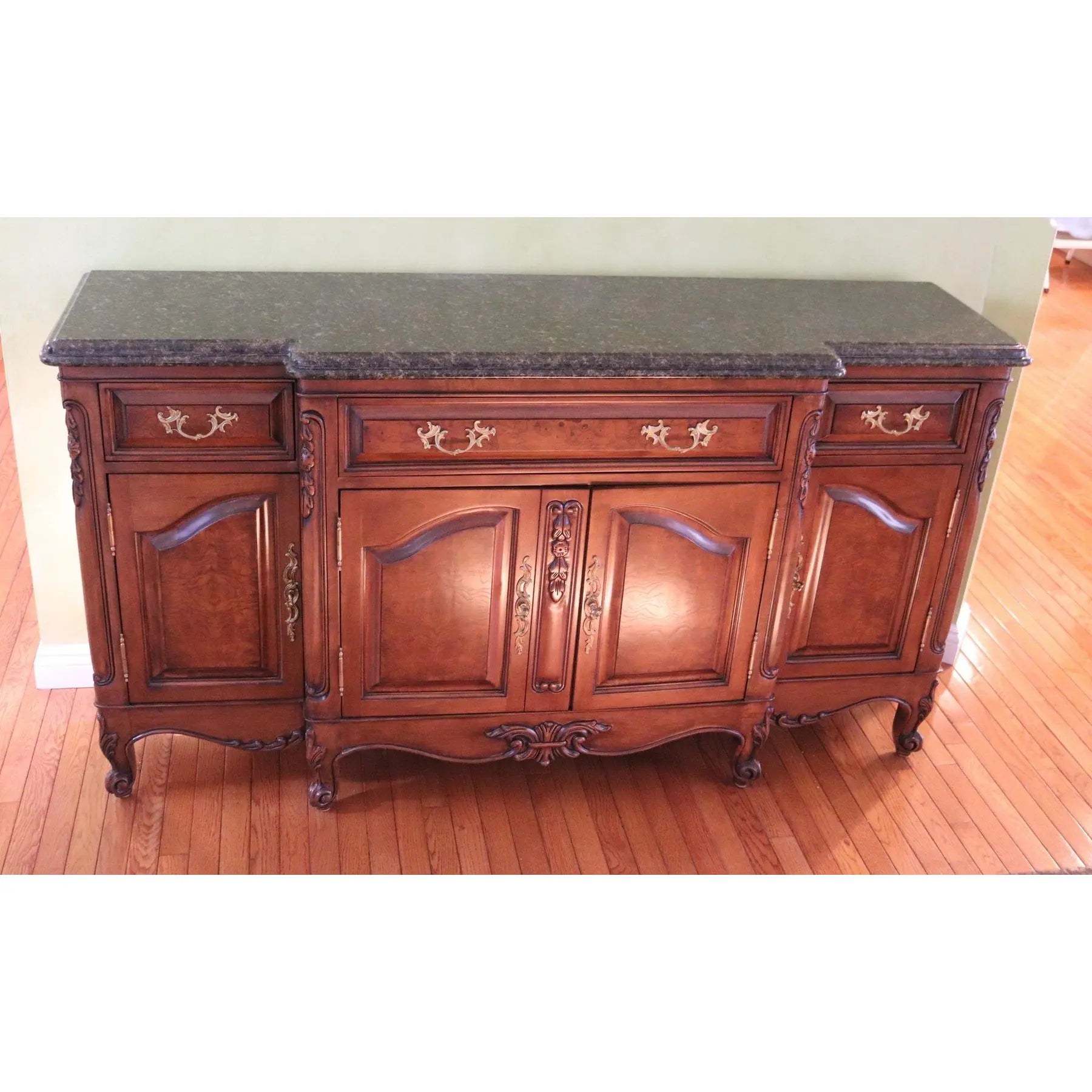71” Bau Furniture French Louis XV Burl Wood And Green Marble Sideboard Buffet