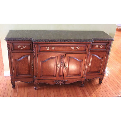 71” Bau Furniture French Louis XV Burl Wood And Green Marble Sideboard Buffet