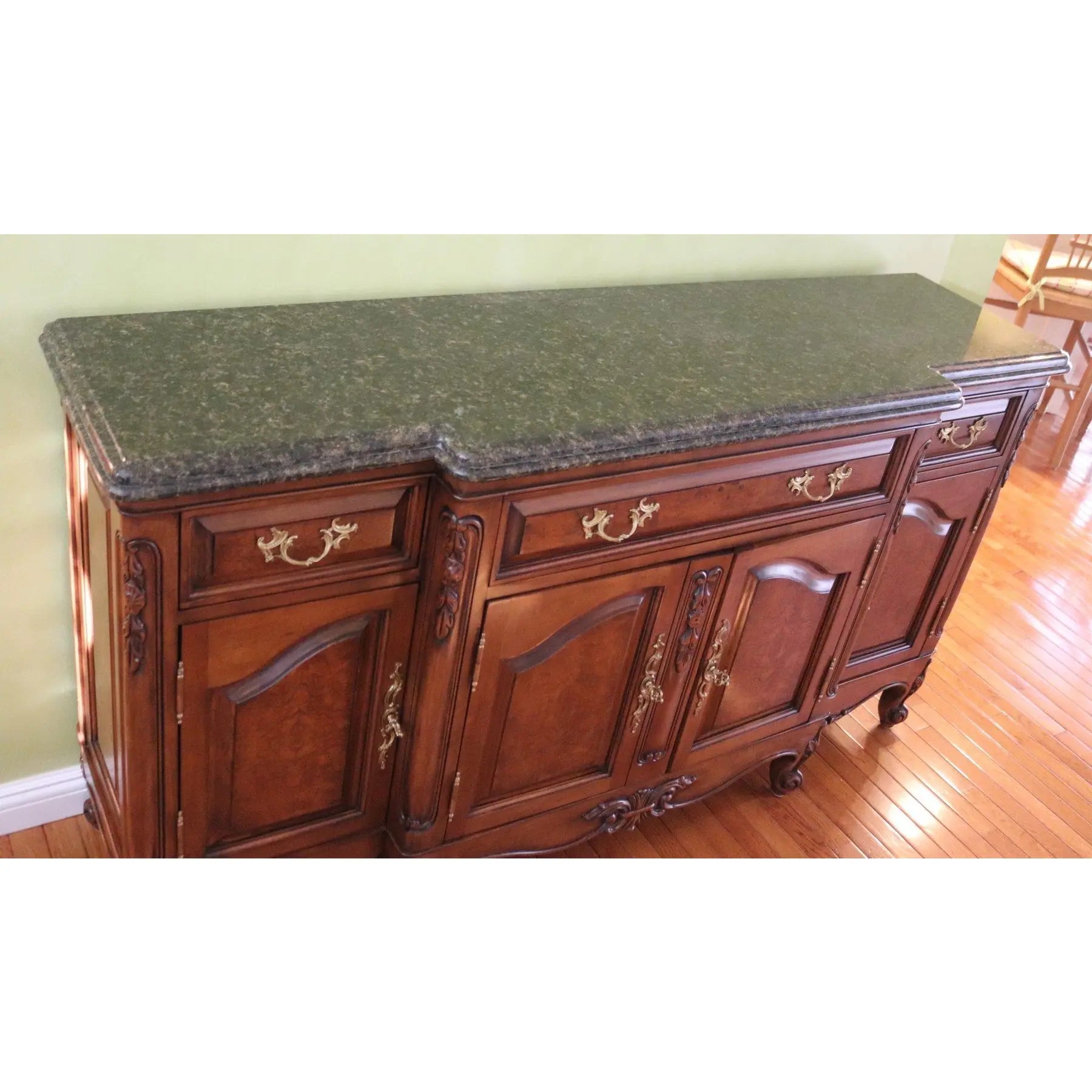 71” Bau Furniture French Louis XV Burl Wood And Green Marble Sideboard Buffet