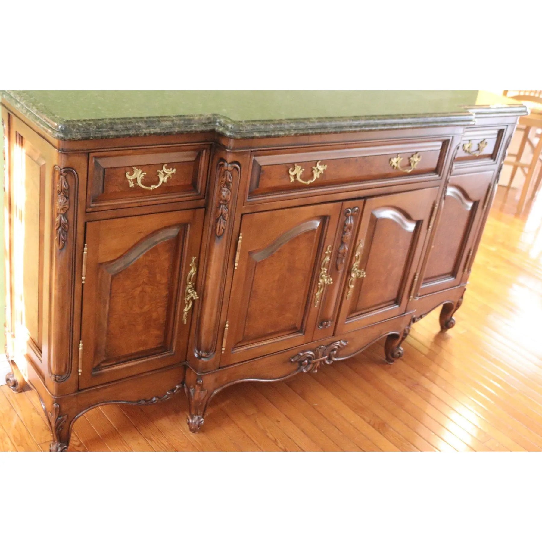 71” Bau Furniture French Louis XV Burl Wood And Green Marble Sideboard Buffet