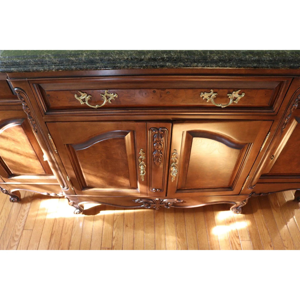 71” Bau Furniture French Louis XV Burl Wood And Green Marble Sideboard Buffet