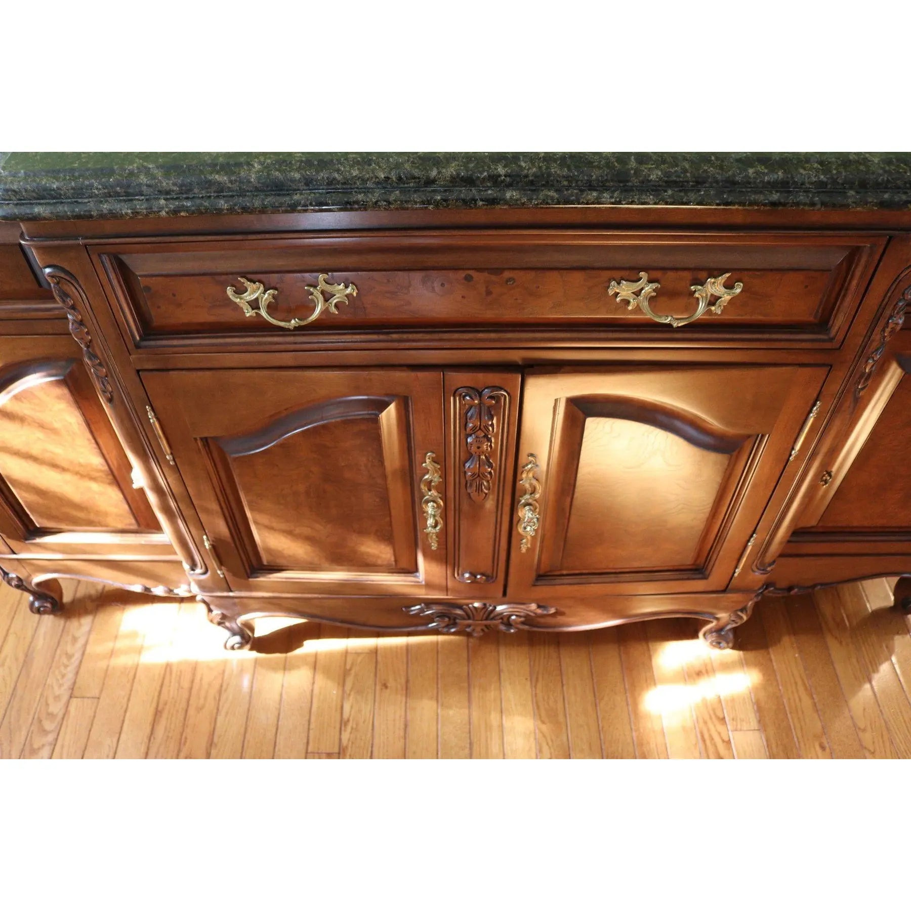 71” Bau Furniture French Louis XV Burl Wood And Green Marble Sideboard Buffet