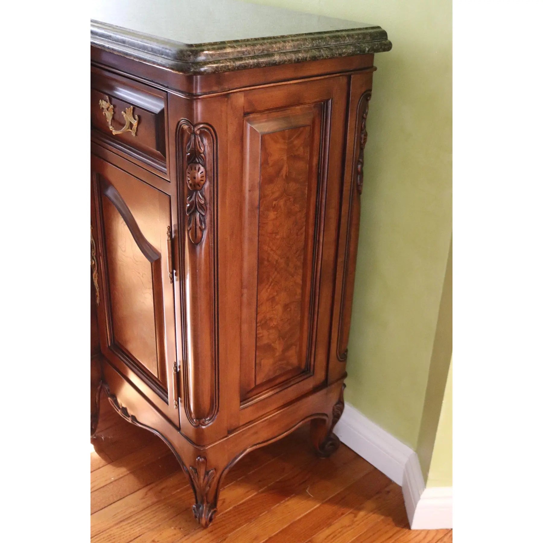71” Bau Furniture French Louis XV Burl Wood And Green Marble Sideboard Buffet
