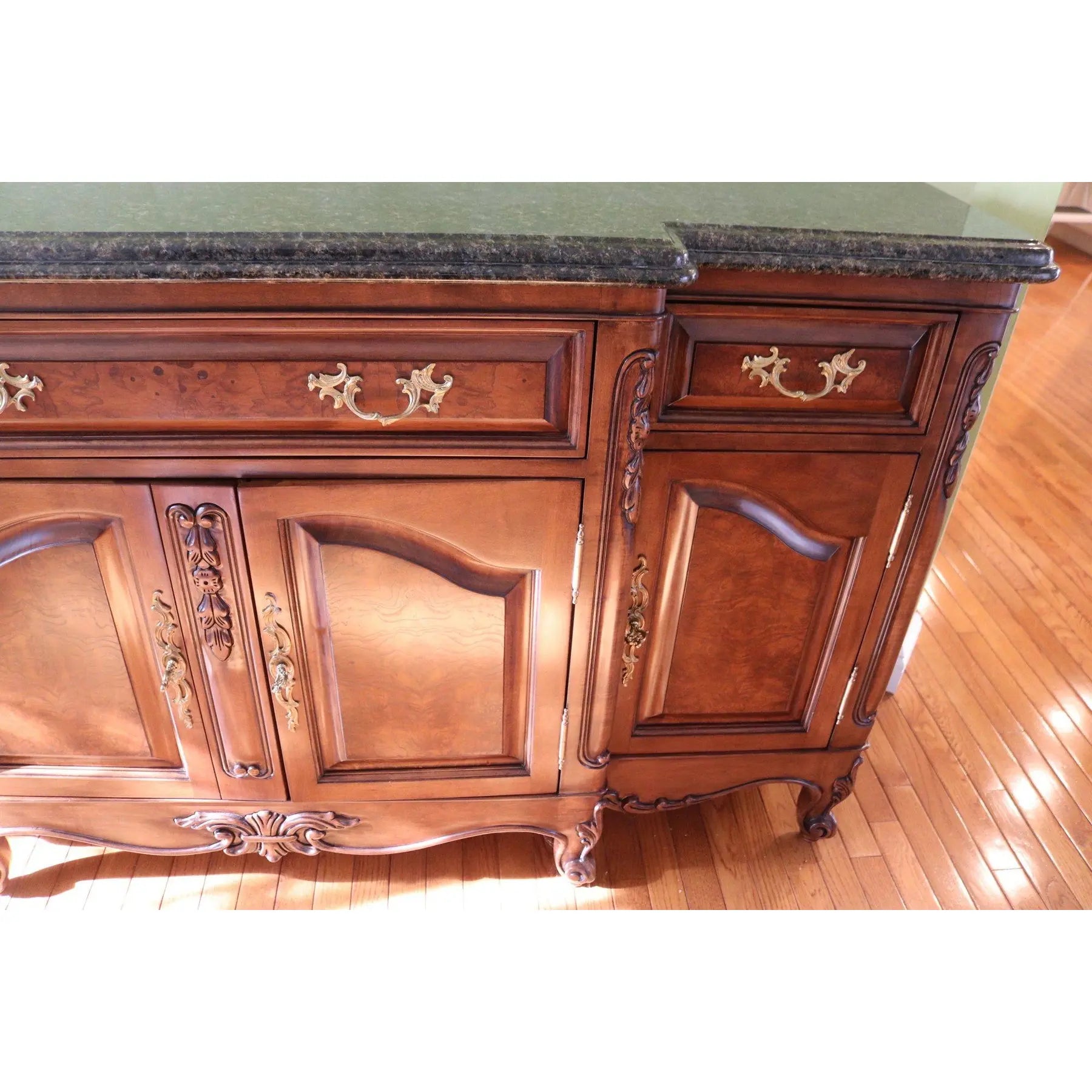 71” Bau Furniture French Louis XV Burl Wood And Green Marble Sideboard Buffet