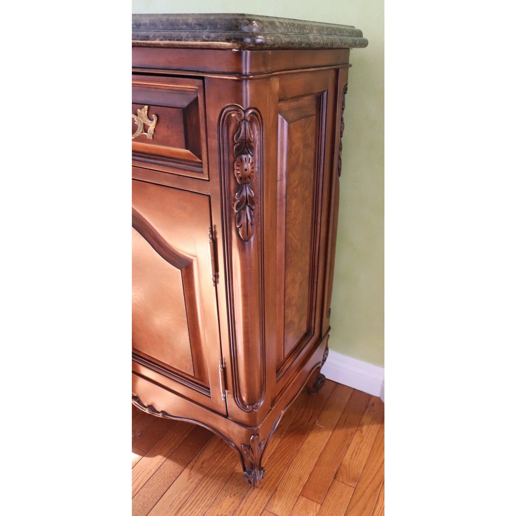 71” Bau Furniture French Louis XV Burl Wood And Green Marble Sideboard Buffet