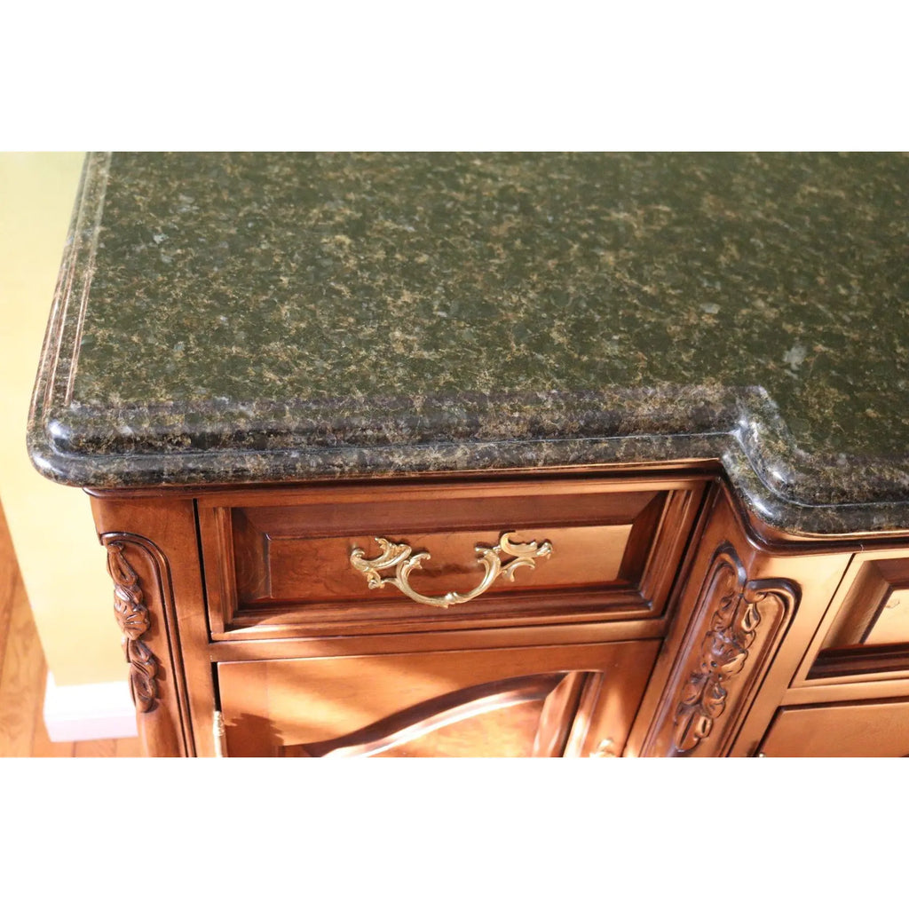 71” Bau Furniture French Louis XV Burl Wood And Green Marble Sideboard Buffet